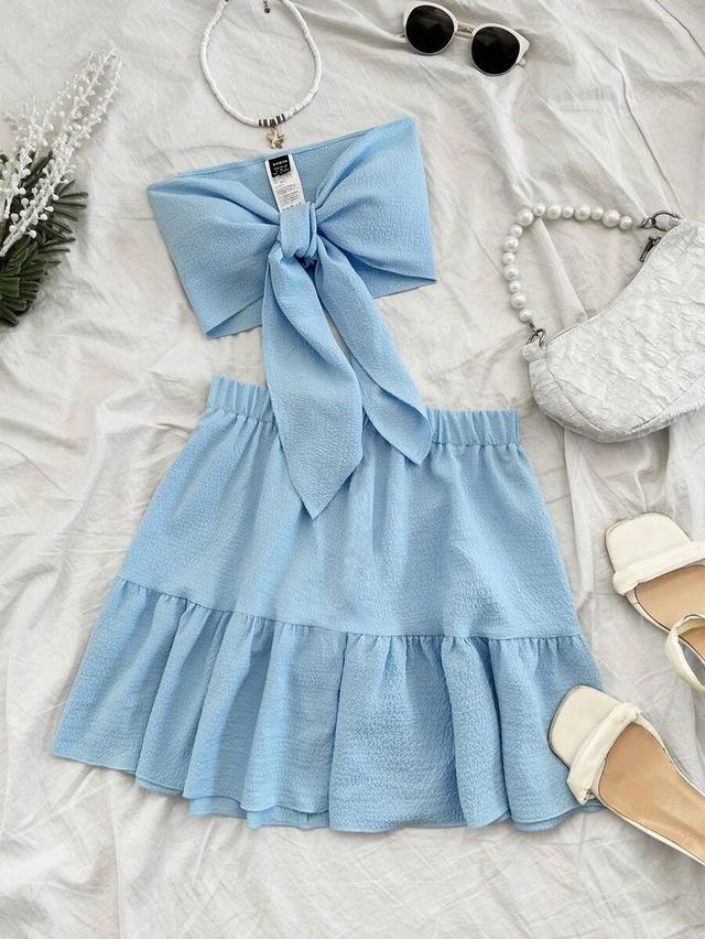 soleia women solid blue bandeau and tiered skirt set