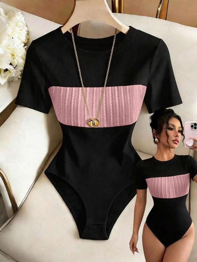 black and pink minimalist color-block patchwork slim fit knit bodysuit