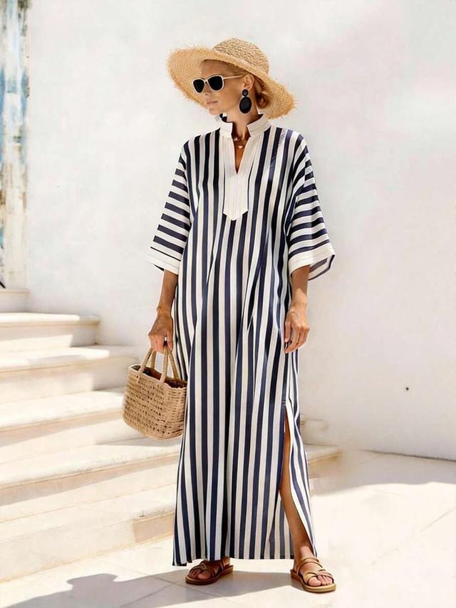 blue and white striped v-neck vacation dress