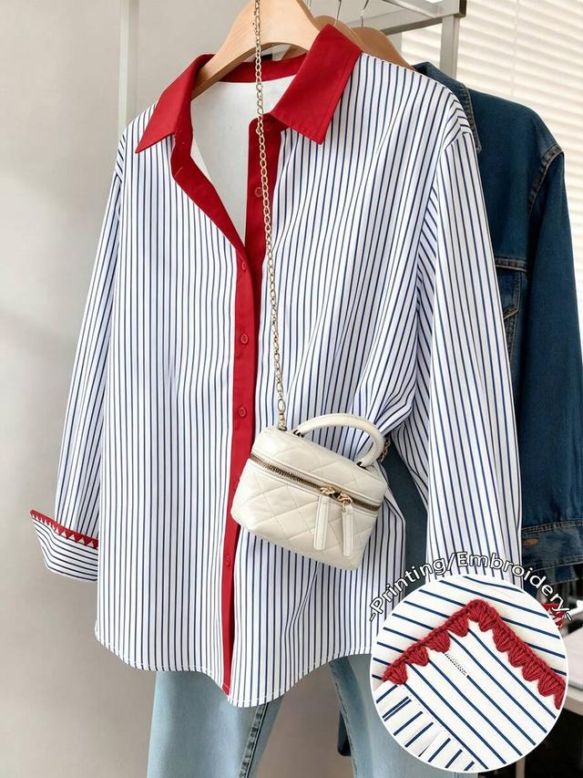 casual commuter striped color block shirt with red trim