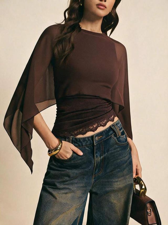 chocolate brown lace patchwork asymmetric hem blouse
