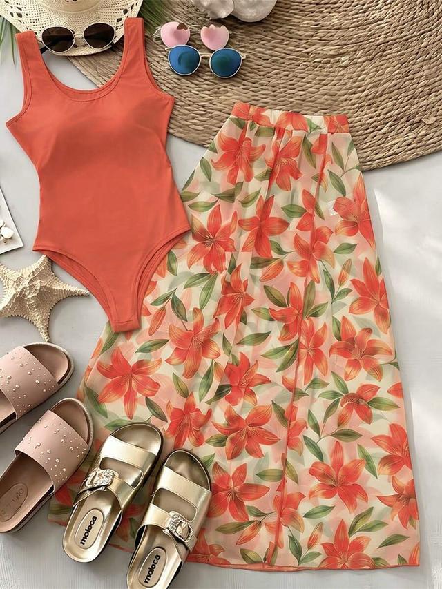 bright orange printed tulle kimono style swimsuit set