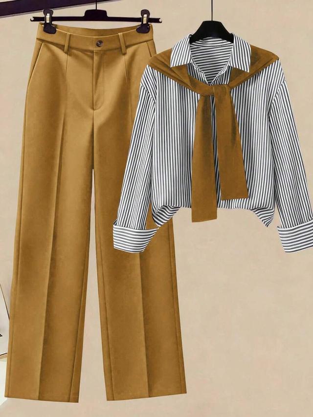 striped shawl collar shirt and wide leg trousers