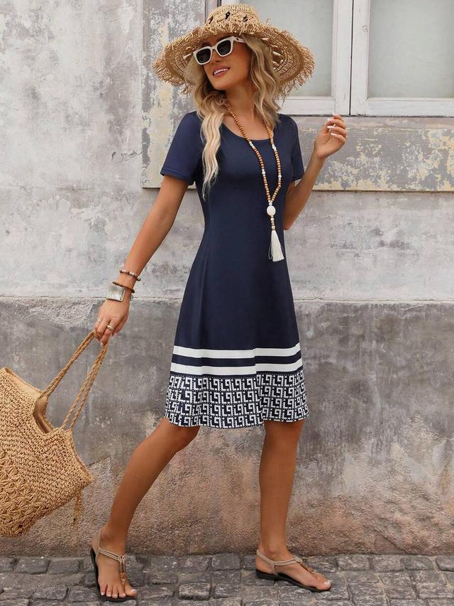 navy blue cotton jersey shift dress with geometric hem