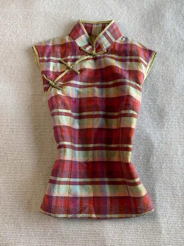 islasuriya vintage plaid mandarin collar sleeveless cheongsam top