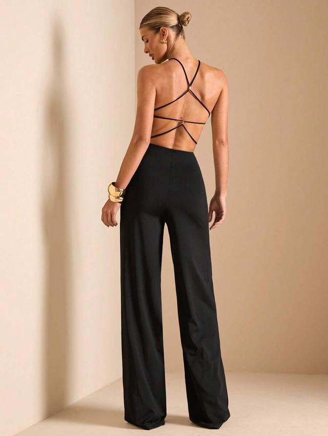 elegant black backless wide leg jumpsuit