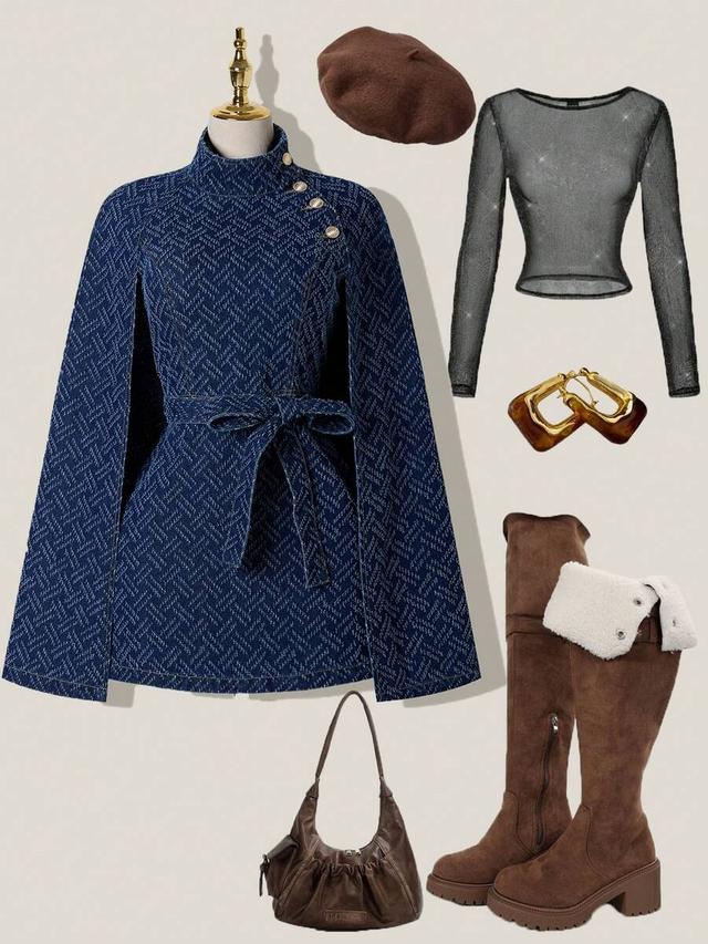 blue denim stand collar belted cape jacket