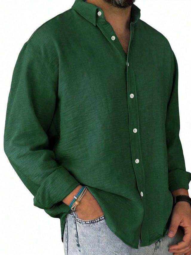 men's solid green casual long sleeve linen shirt