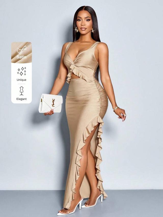 champagne satin midi dress with side ruffles