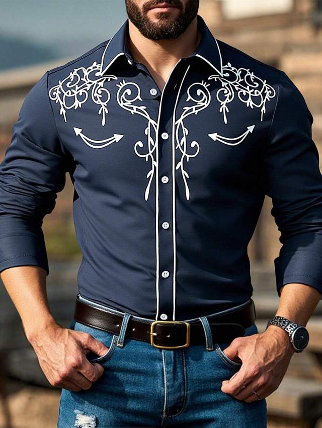 navy blue embroidered western long sleeve shirt