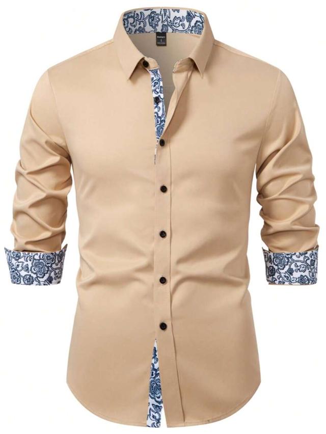 beige floral patchwork long sleeve formal shirt
