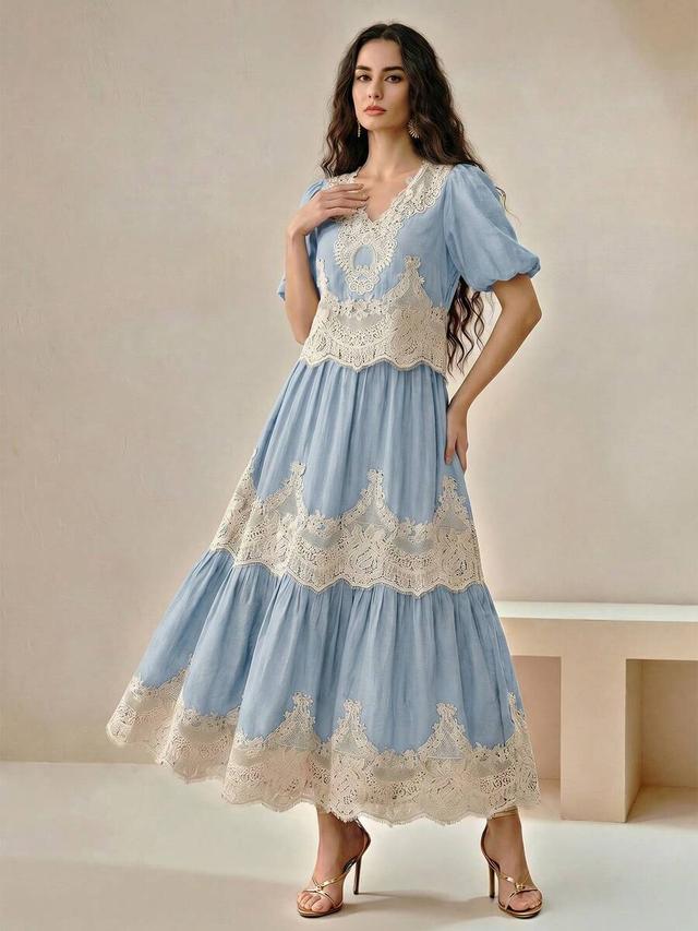 vintage blue v-neck puff sleeve lace patchwork flared dress