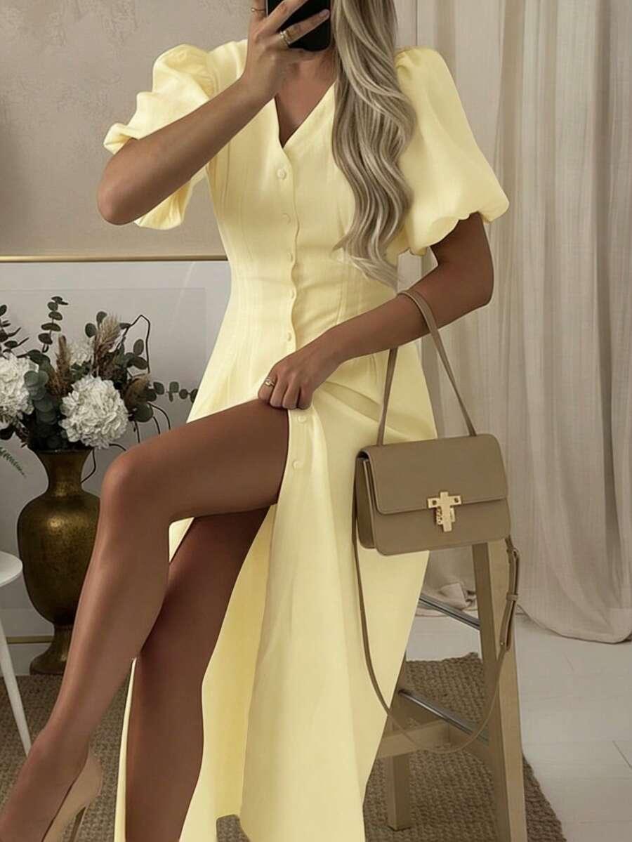 pale yellow v-neck puff sleeve linen midi dress