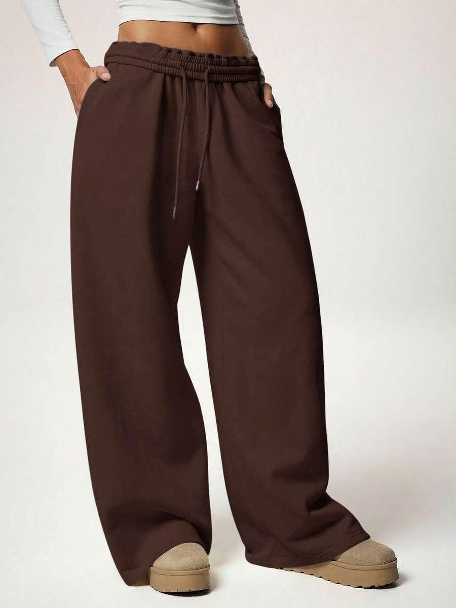 brown elastic waist loose wide-leg sweatpants