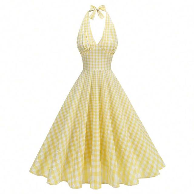 yellow gingham halter neck vintage style swing dress