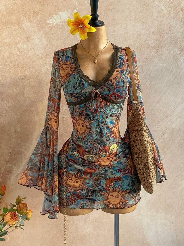 dark blue vintage bohemian floral sun print mini dress