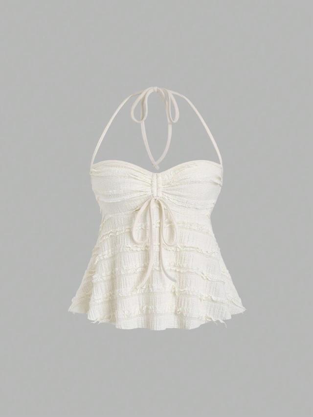 sweetra solid color drawstring halter backless summer tank top