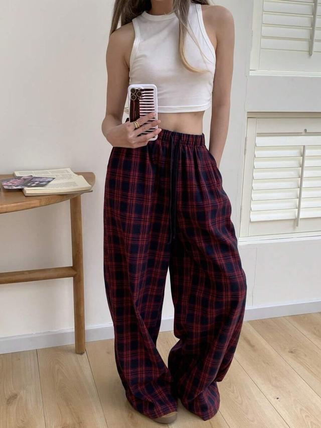 blue and red plaid casual lounge pants