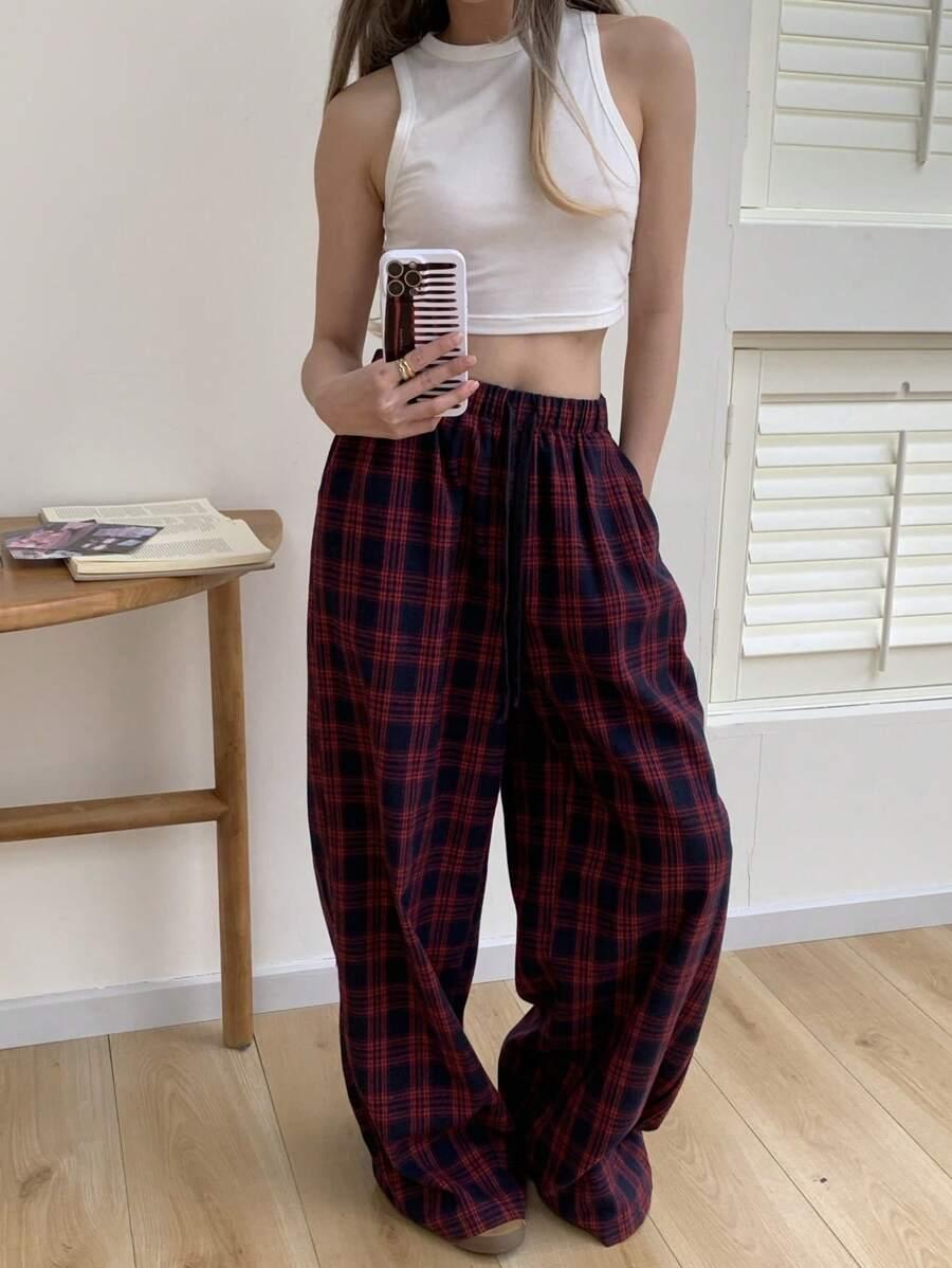blue and red plaid casual lounge pants