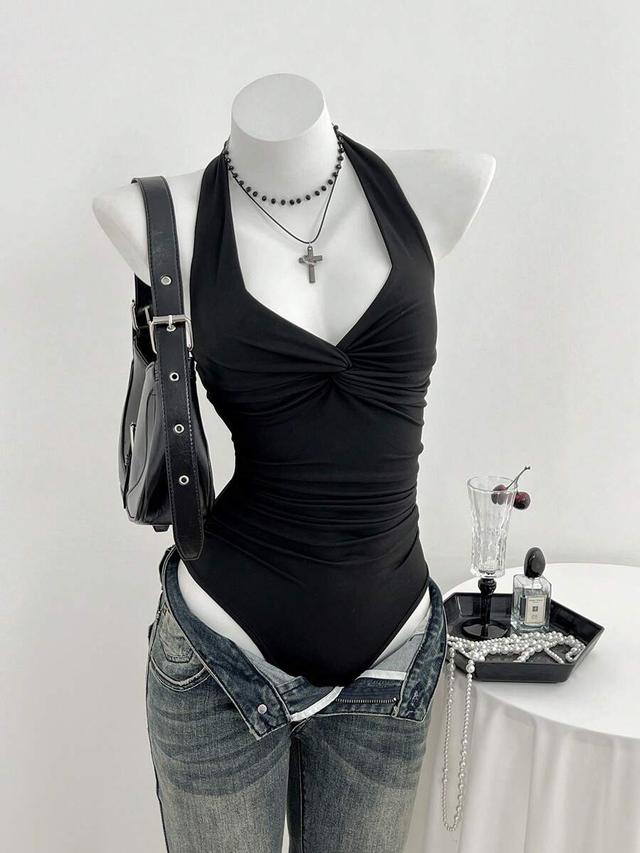 elamini black v-neck front twist casual bodysuit
