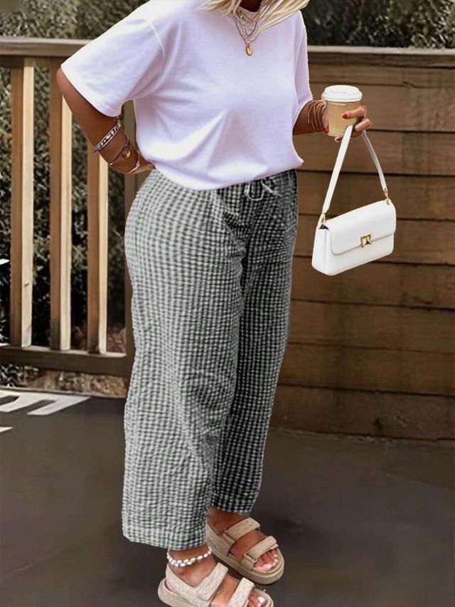 gingham women's black plaid patchwork wide leg pants