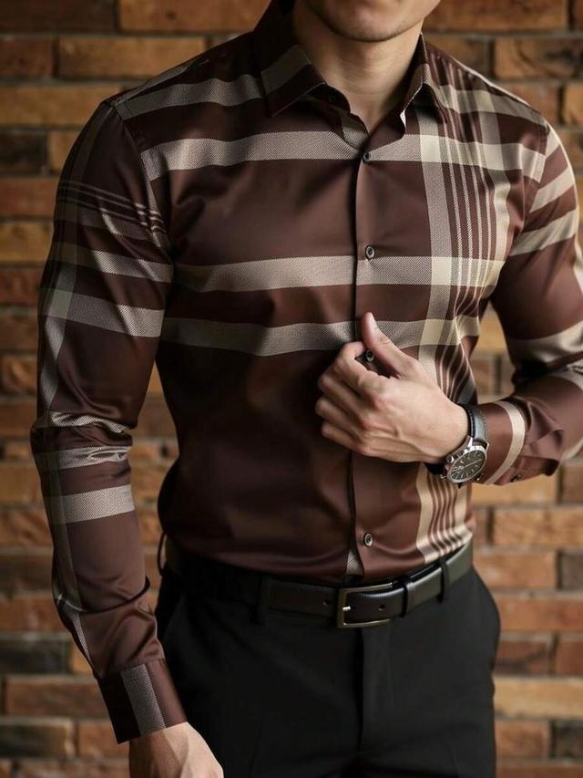 men's brown plaid print button-front long sleeve shirt