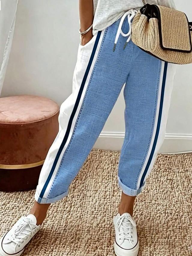 women's blue and white patchwork drawstring casual pants