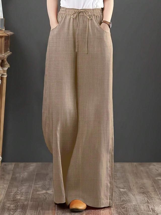 loose fit brown linen blend wide leg pants