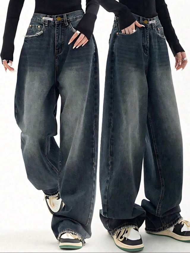 women's vintage wash high waist baggy wide leg jeans