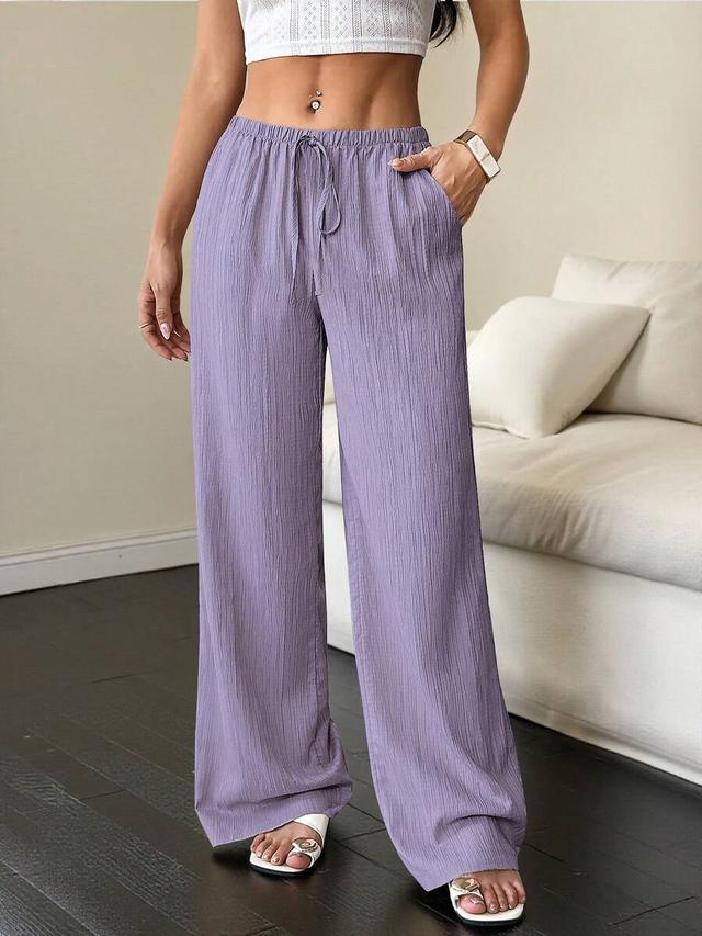 purple solid color waist tie wide leg pants