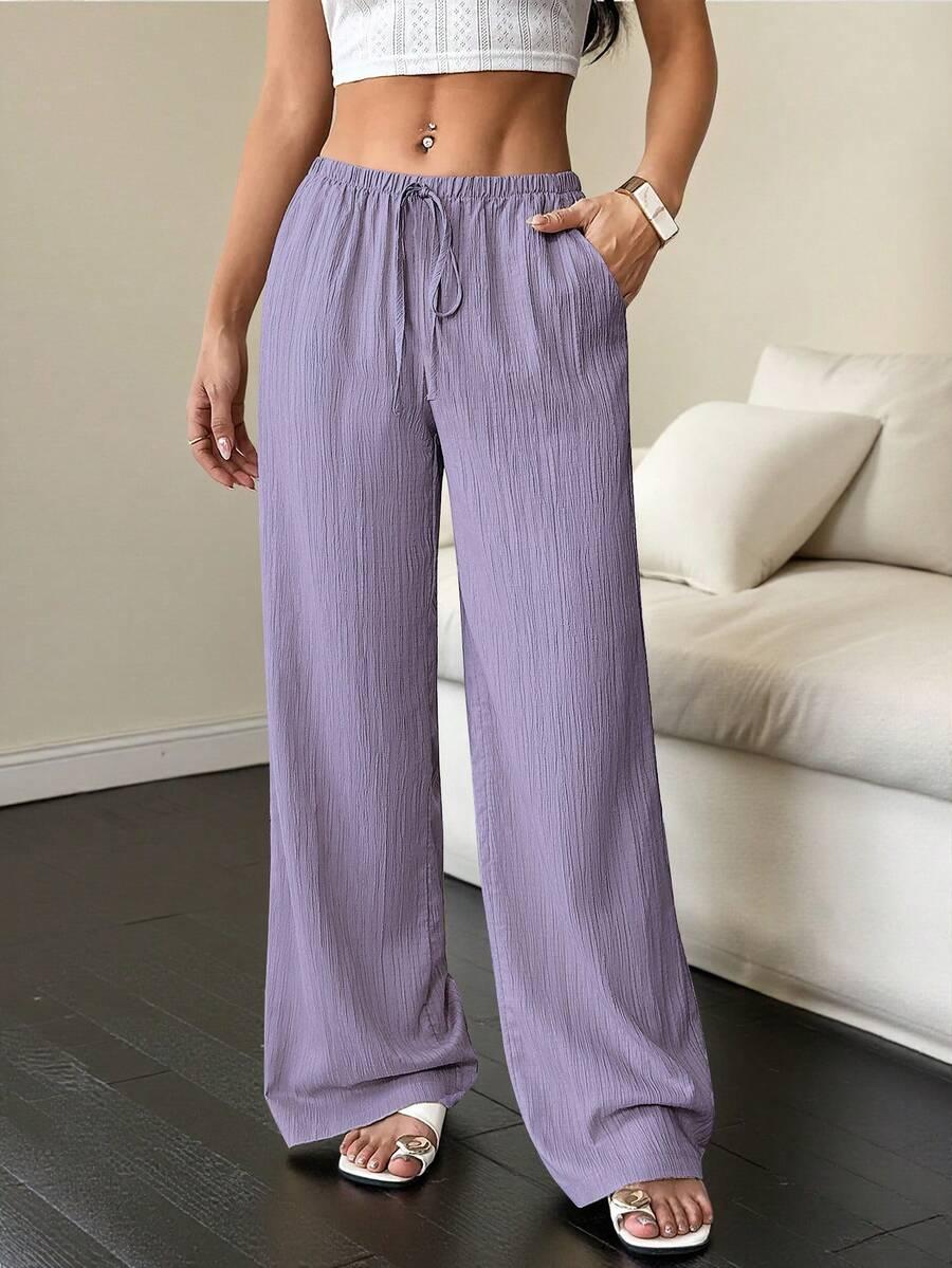purple solid color waist tie wide leg pants
