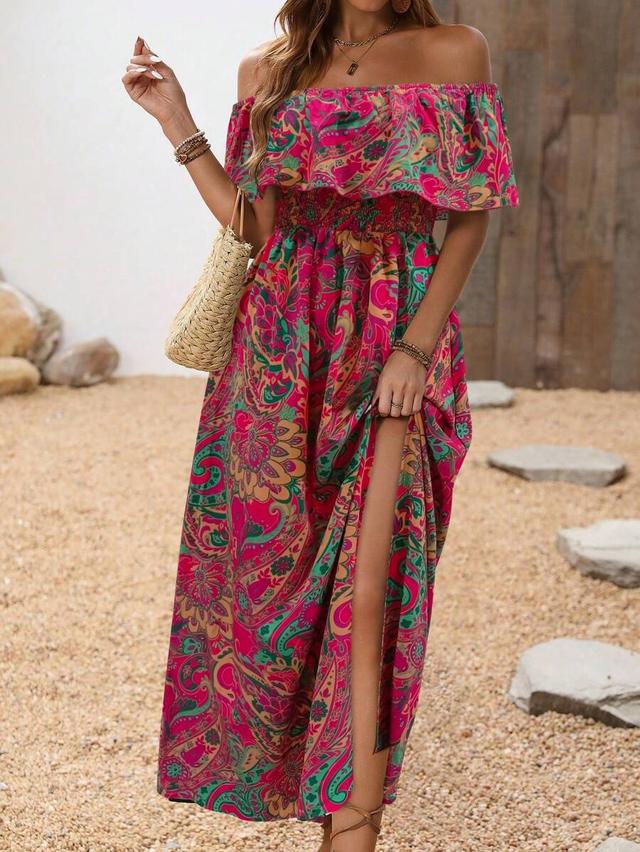 flora print off shoulder high-low maxi dress