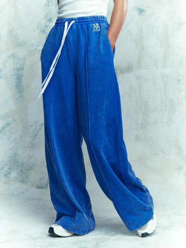 women's blue denim effect pleated seam wide leg sweatpants