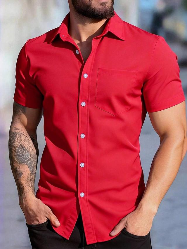 solid red short sleeve button down shirt