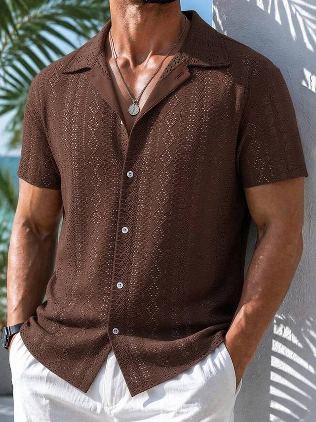 brown eyelet lace short sleeve casual shirt
