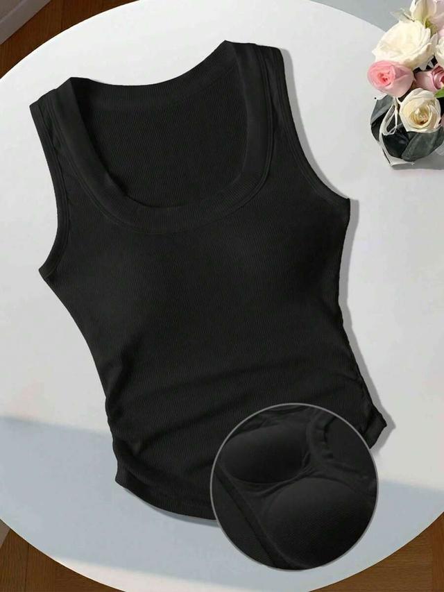 black ribbed tank top with built-in bra