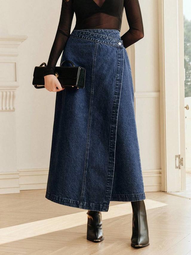 elegant dark wash denim a-line wrap skirt