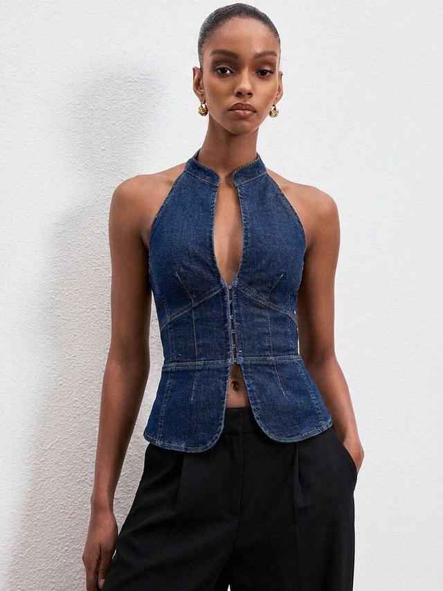 fitted halter neck denim blouse with button front