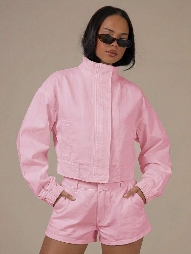 pink cotton twill cropped stand collar jacket