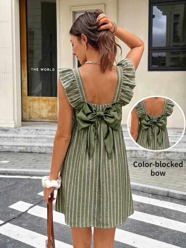 olive green striped ruffle hem mini dress with bow