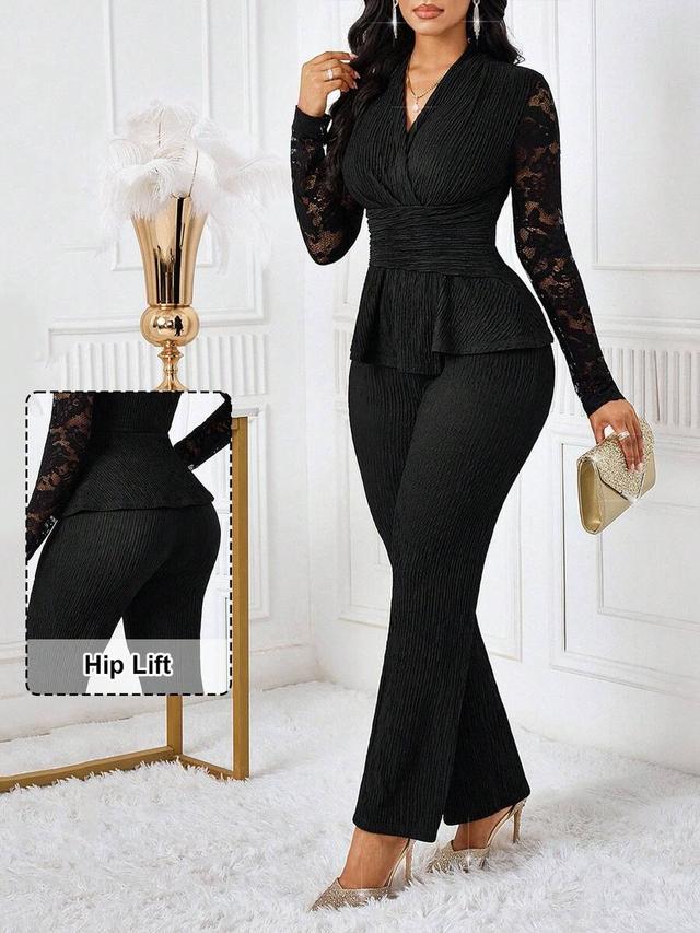 black v-neck lace sleeve peplum top and flare pants set