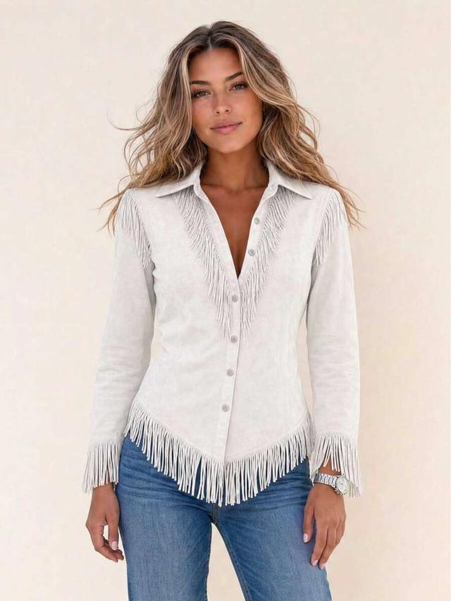 white fringe button-front cowboy style jacket