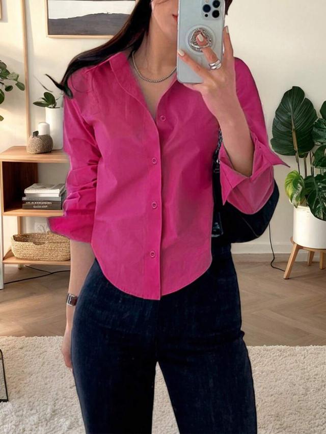 fuchsia pink long sleeve button-down casual shirt