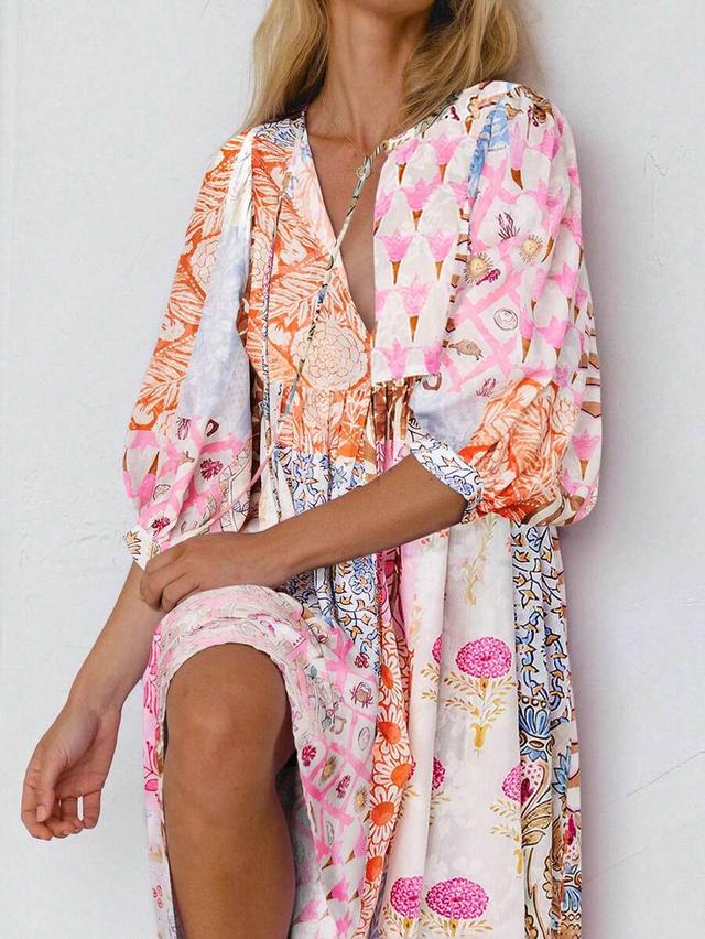 boho floral patchwork maxi dress with lantern sleeves
