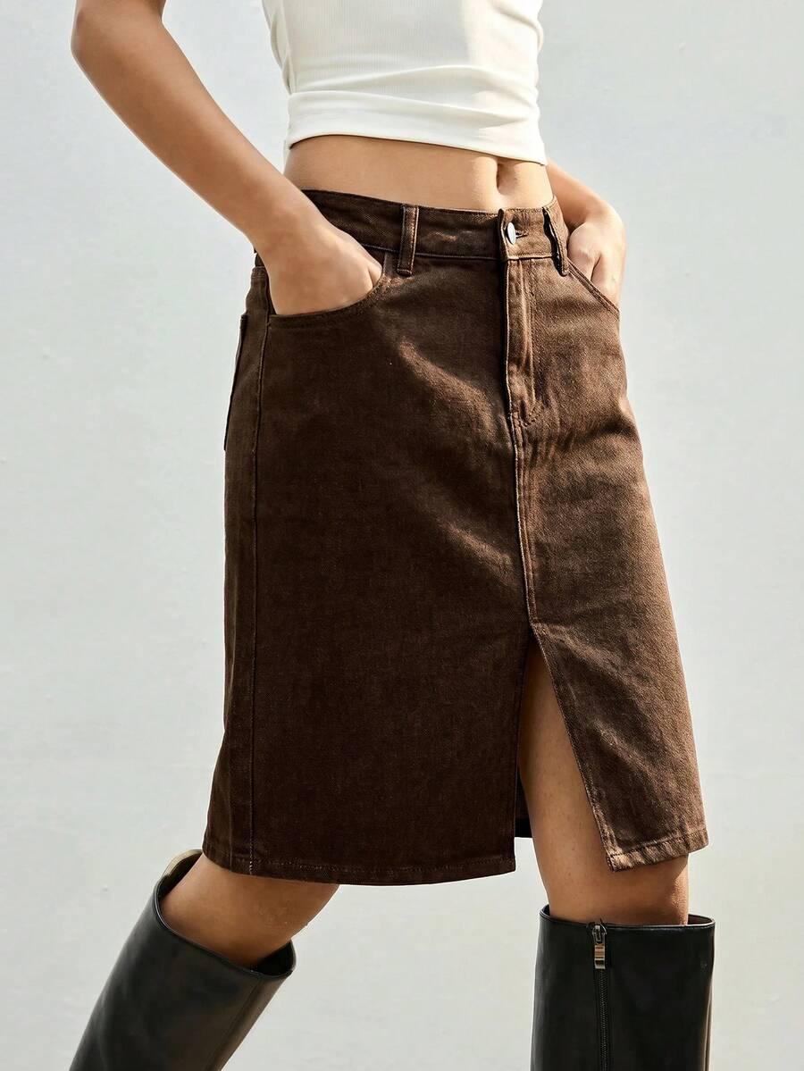 brown denim midi skirt with front slit