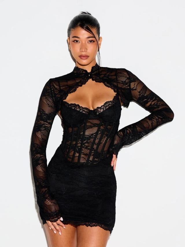 black lace long sleeve corseted mini dress