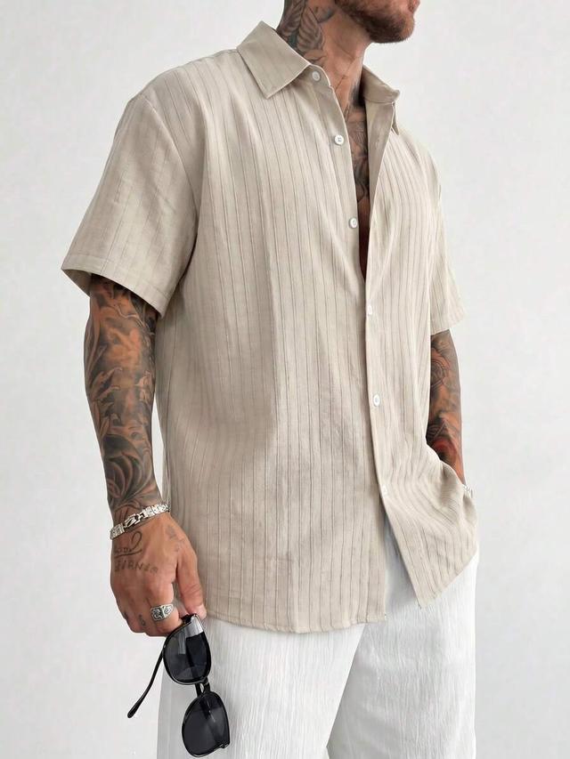 men's slim fit textured apricot striped short sleeve shirt