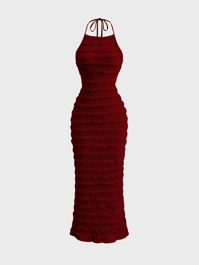 red pleated smocked halter neck maxi dress