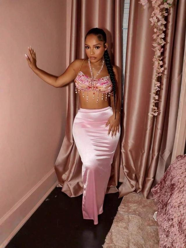 solid pink satin high-waisted slim maxi skirt