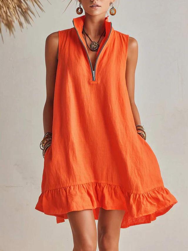 orange sleeveless linen mini dress with zipper